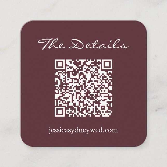 Script Wedding RSVP Details QR Code Burgundy Begleitkarte (Vorderseite)