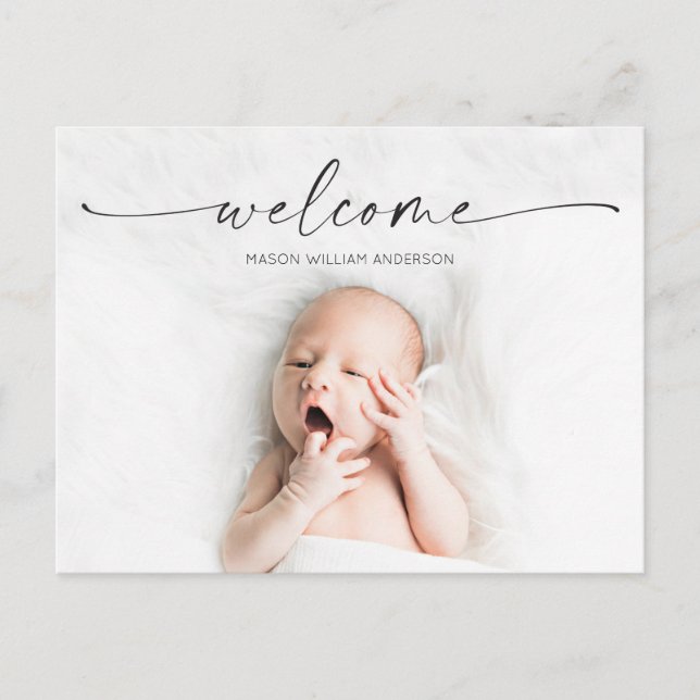 Script Welcome Baby Birth Announcement Foto Postkarte (Vorderseite)
