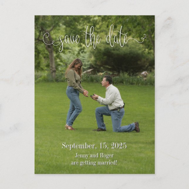 Script White Schriftart Save the Date Ankündigungspostkarte (Vorderseite)