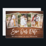 Script Wood 3 Foto Brush Rett Our Date Card Save The Date<br><div class="desc">Modernes Pinselskript Rustikales Holz Paar 3 Foto Rettete unsere Date Verlobung Announcement Card</div>