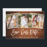 Script Wood 3 Foto Brush Rett Our Date Card Save The Date<br><div class="desc">Modernes Pinselskript Rustikales Holz Paar 3 Foto Rettete unsere Date Verlobung Announcement Card</div>