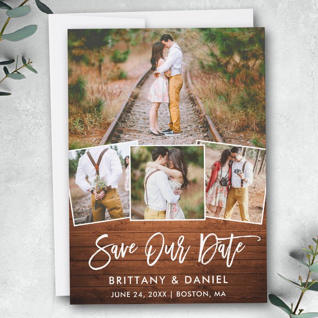Script Wood 4 Foto Brush Rett Our Date Card Save The Date (Customize to change your personalized text size, style or to add more text & photos to back of card.)