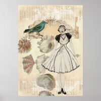 Scripts d'oiseaux Art déco coquillages grande fill