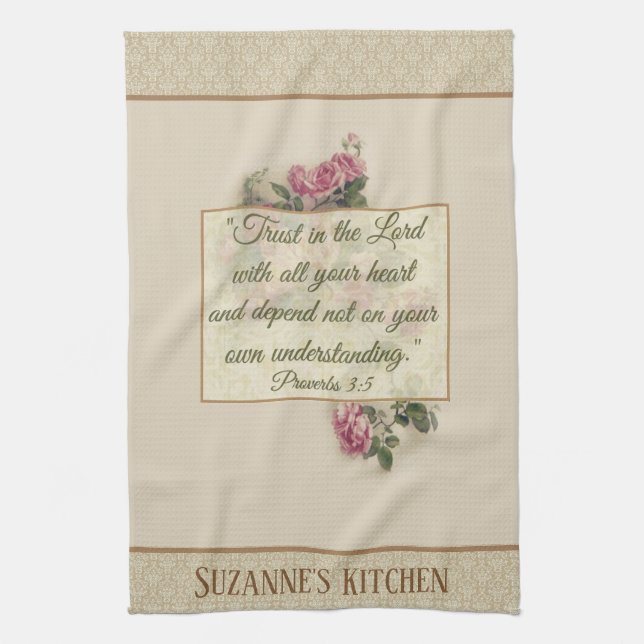 Scripture-Vers-Rosa-Rosen-mit Blumenreligiöses Geschirrtuch (Vertikal)