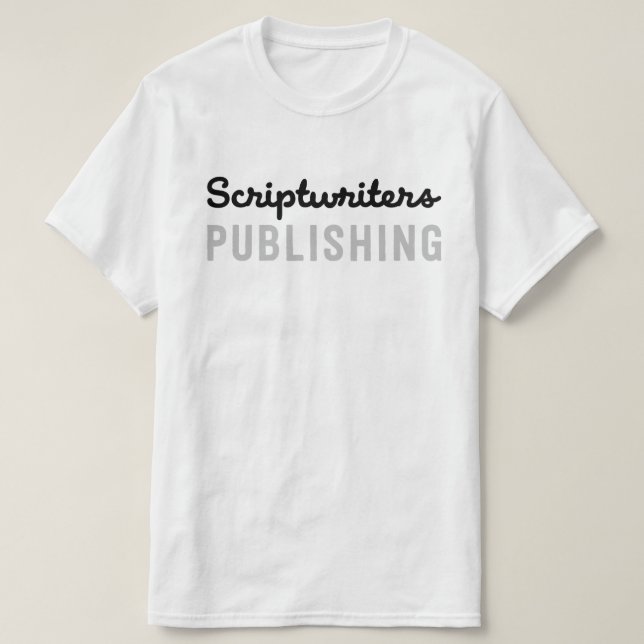 Scriptwriters-Veröffentlichenschwarzer/silberner T-Shirt (Design vorne)