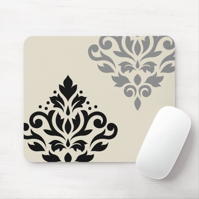 Scroll Damask Art I Black Gray Creme Mousepad (Mit Mouse)