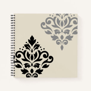 Scroll Damask Art I Black Gray Creme Notizbuch