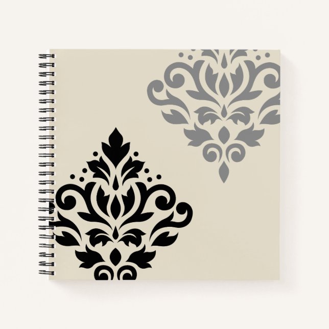 Scroll Damask Art I Black Gray Creme Notizbuch (Vorderseite)