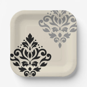 Scroll Damask Art I Black Gray Creme Pappteller