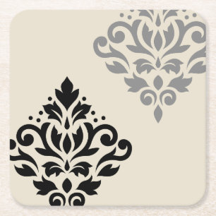 Scroll Damask Art I Black Gray Creme Rechteckiger Pappuntersetzer