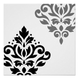 Scroll Damask Art I Black & Grey on White Poster