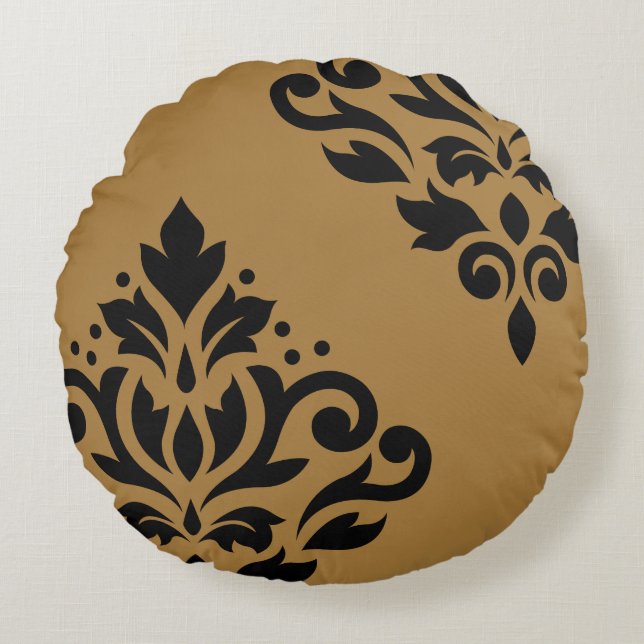 Scroll Damask Art I Black on Gold Rundes Kissen (Vorderseite)