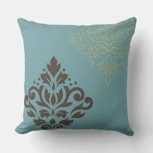 Scroll Damask Art I Brown Gold (line) Aquamarin Kissen