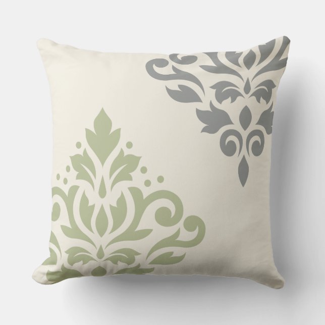 Scroll Damask Art I Green Grau Cream Kissen (Vorderseite)