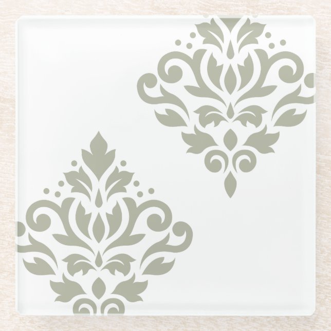 Scroll Damask Art I Green on White Glasuntersetzer (Vorderseite)