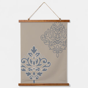 Scroll Damask Art I (Line) Cream Blues Sand Wandteppich Mit Holzrahmen