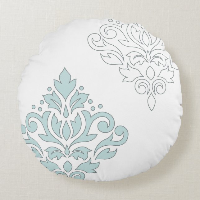 Scroll Damask Art I (line) Duck Egg Blue Gray Wt Rundes Kissen (Vorderseite)