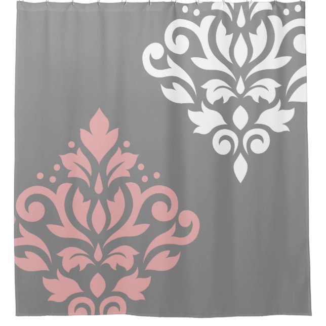 Scroll Damask Art I Pink White Grau Duschvorhang (Vorderseite)