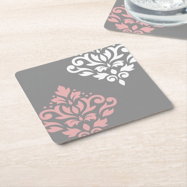 Scroll Damask Art I Pink White Grau Rechteckiger Pappuntersetzer (angewinkelt)