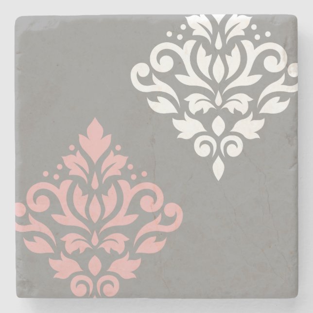 Scroll Damask Art I Pink White Grau Steinuntersetzer (Vorderseite)