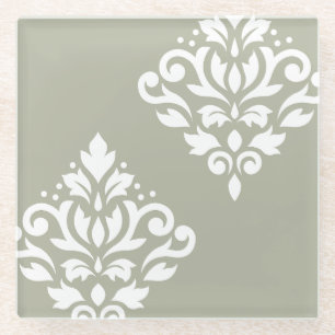 Scroll Damask Art I White on Green Glasuntersetzer