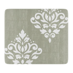 Scroll Damask Art I White on Green Schneidebrett