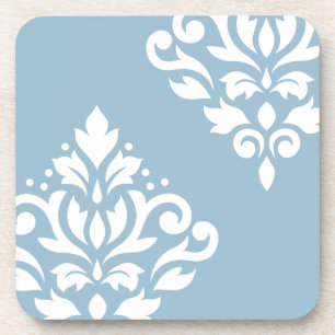 Scroll Damask Art I White on Light Blue Getränkeuntersetzer