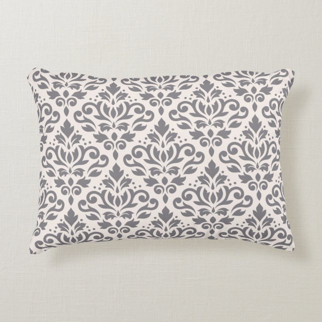 Scroll Damask Big Pattern Grau auf Creme Zierkissen (Vorderseite)
