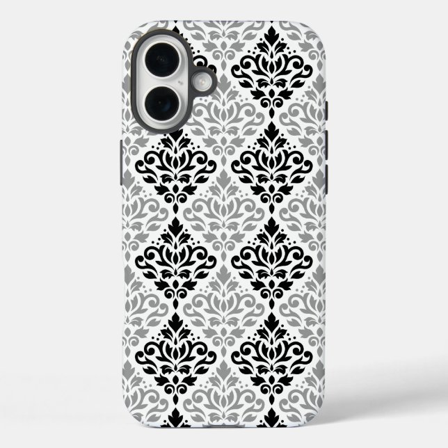 Scroll Damask Big Pattern Schwarz Weiß iPhone 16 Plus Hülle (Rückseite)