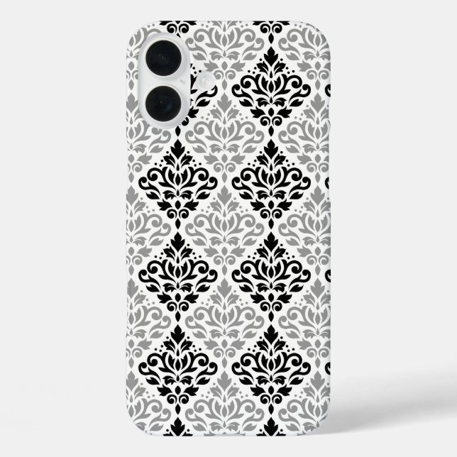 Scroll Damask Big Pattern Schwarz Weiß iPhone 16 Plus Hülle (Rückseite)