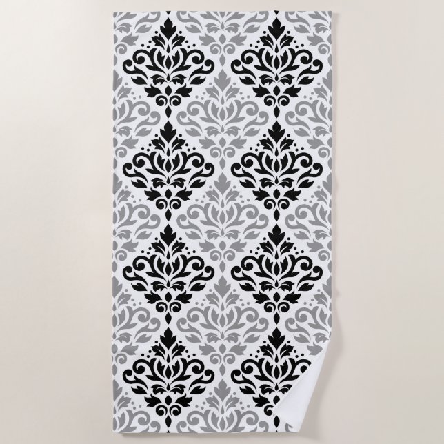 Scroll Damask Big Pattern Schwarz Weiß Strandtuch (Vorderseite)