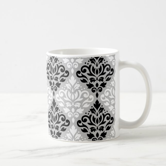 Scroll Damask Big Ptn B&W auf Grau Kaffeetasse (Rechts)