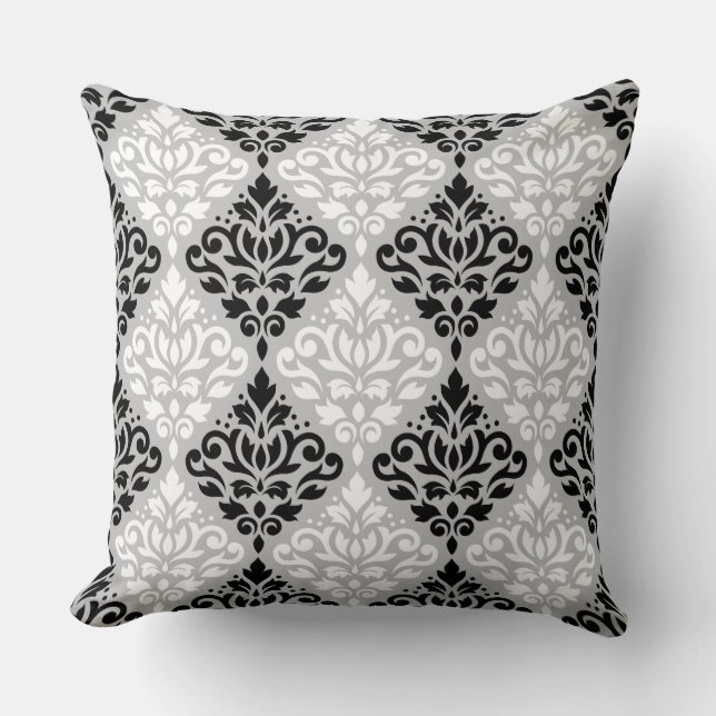 Scroll Damask Big Ptn B&W auf Grau Kissen (Vorderseite)