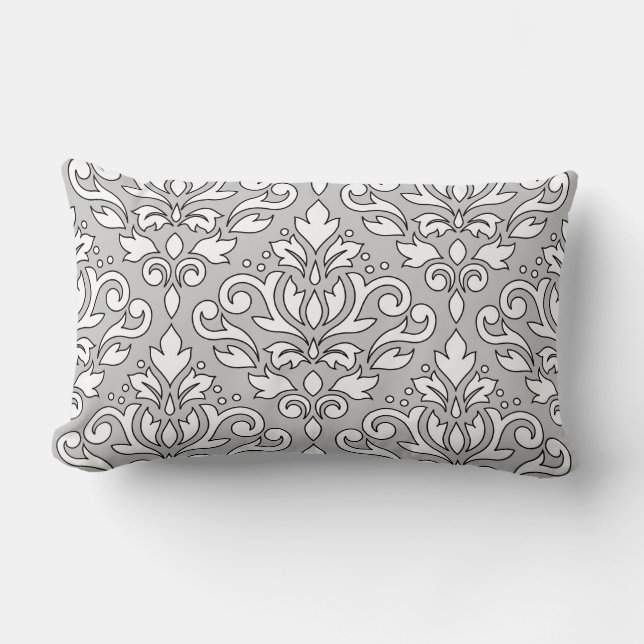 Scroll Damask Big Ptn White (Schwarze Linie) Grau Lendenkissen (Vorderseite)