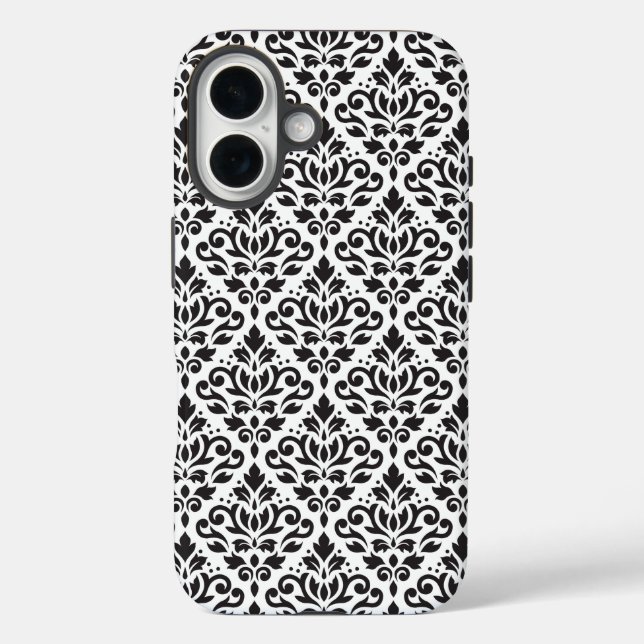 Scroll Damask Black on White Pattern iPhone 16 Hülle (Rückseite)