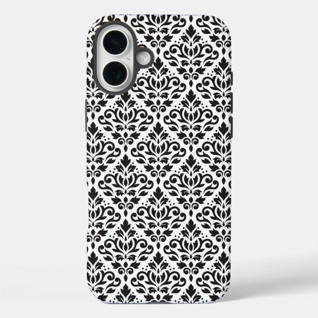 Scroll Damask Black on White Pattern iPhone 16 Plus Hülle (Rückseite)