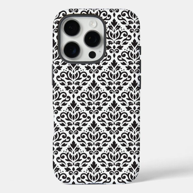 Scroll Damask Black on White Pattern iPhone 16 Pro Hülle (Rückseite)