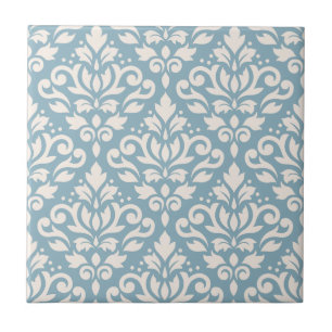Scroll-Damask großes Muster Creme auf Blau Fliese