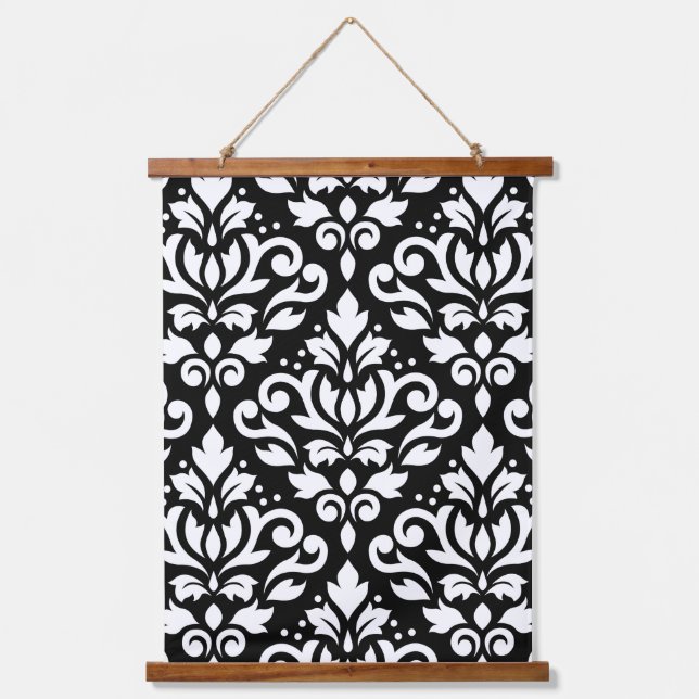 Scroll Damask Grosses Muster Weiß auf Schwarz Wandteppich Mit Holzrahmen (Vorderseite)