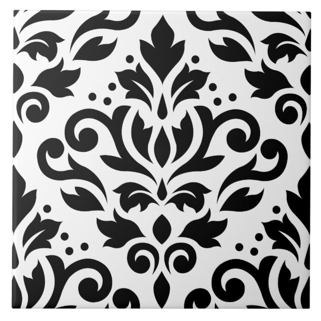 Scroll-Damask Großmuster Schwarz auf Weiß Fliese (Vorderseite)