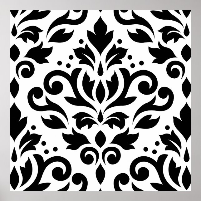Scroll-Damask Großmuster Schwarz auf Weiß Poster (Vorne)