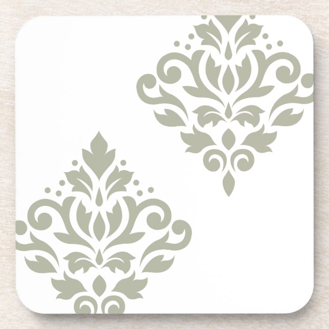 Scroll-Damask-Kunst I Grün auf Weiß Getränkeuntersetzer (Vorderseite)