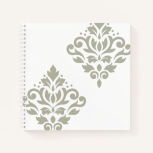 Scroll-Damask-Kunst I Grün auf Weiß Notizbuch
