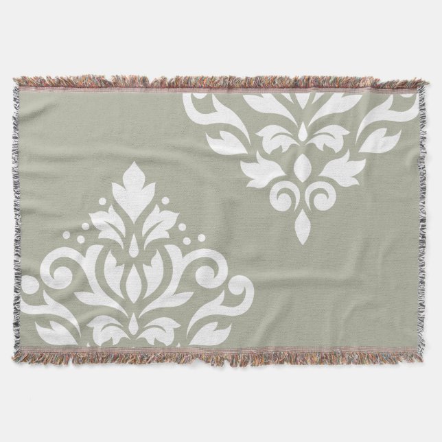 Scroll Damask Kunst I Weiß auf Grün Decke (Vorderseite)