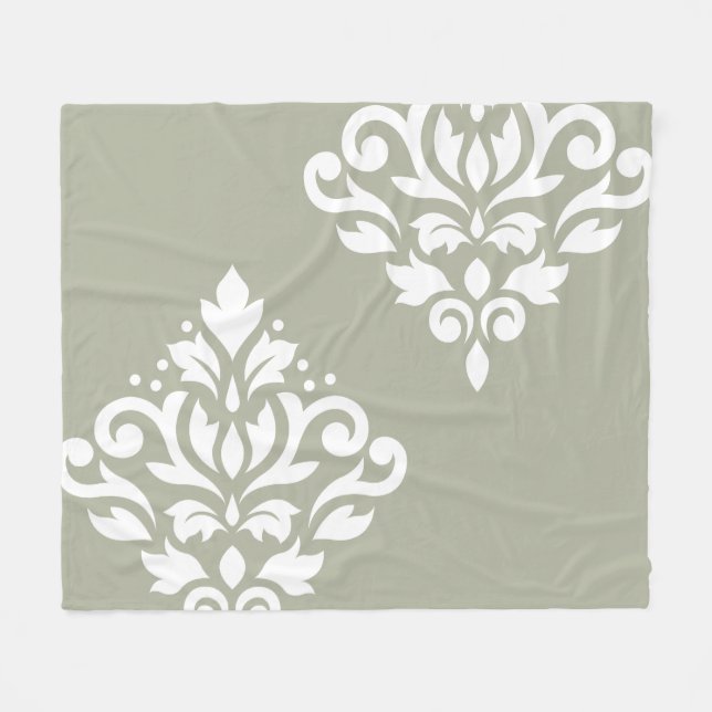 Scroll-Damask-Kunst I Weiß auf Grün Fleecedecke (Vorderseite (Horizontal))