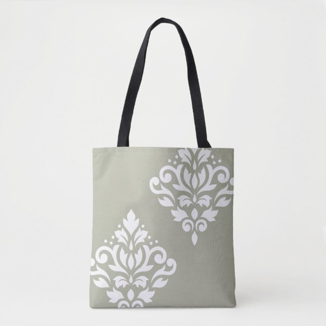 Scroll-Damask-Kunst I Weiß auf Grün Tasche (Vorderseite)