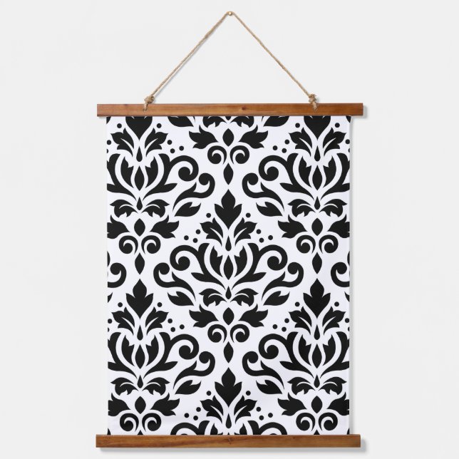 Scroll Damask Large Pattern Black on White Wandteppich Mit Holzrahmen (Vorderseite)