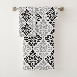 Scroll Damask Muster Schwarz Grau Weiß Badhandtuch Set