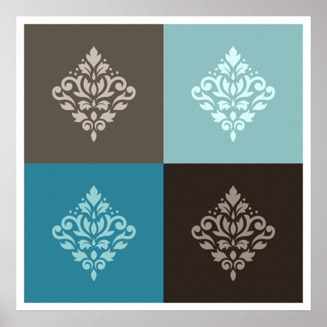 Scroll Damask Muster Squares Tees Browns White Poster (Vorne)