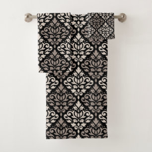 Scroll Damask Muster Taupe Black Badhandtuch Set